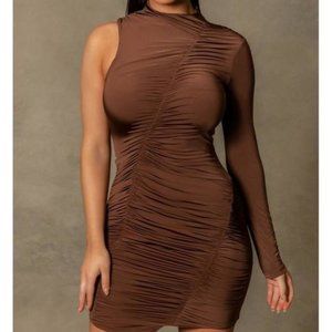 NEW!! MESHKI Karlie One Sleeve High Neck Ruched Brown Mini Dress  ⭐️HOST PICK!⭐️